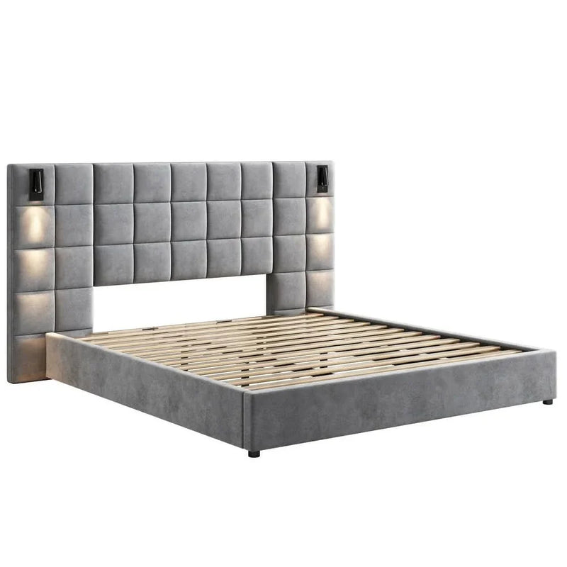 Luxury King Velvet Platform Bed with Reading Lamp & USB Port, Wide Padded Headboard, No Box Spring Needed