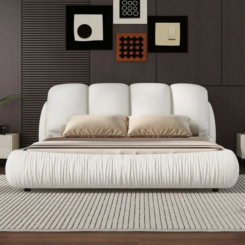 Luxury Upholstered Leather Bed with Thick Headboard and Oversized Padded Backrest