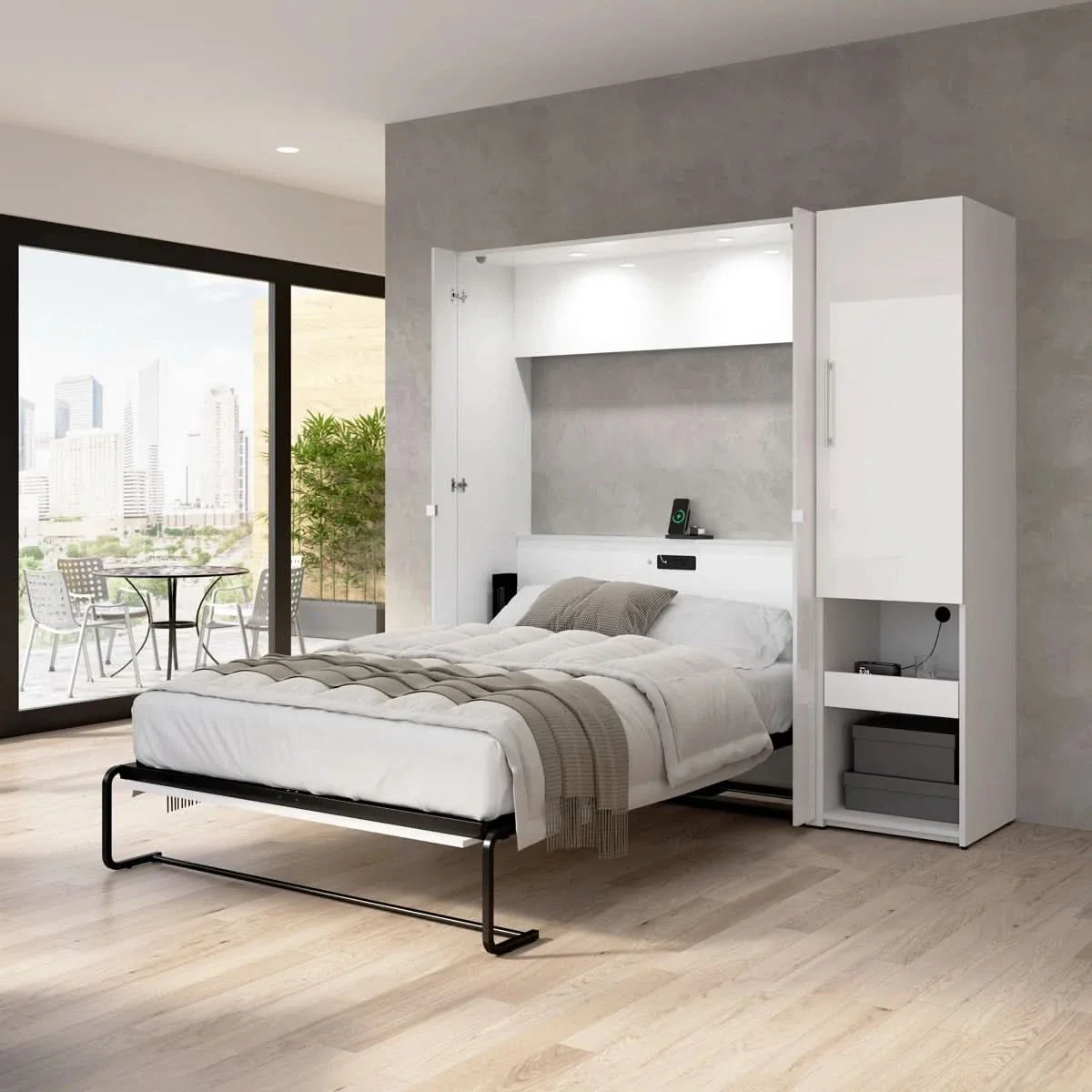 High-Gloss Scratch-Resistant Murphy Bed and Storage Cabinet with Door and Pull-Out Shelf