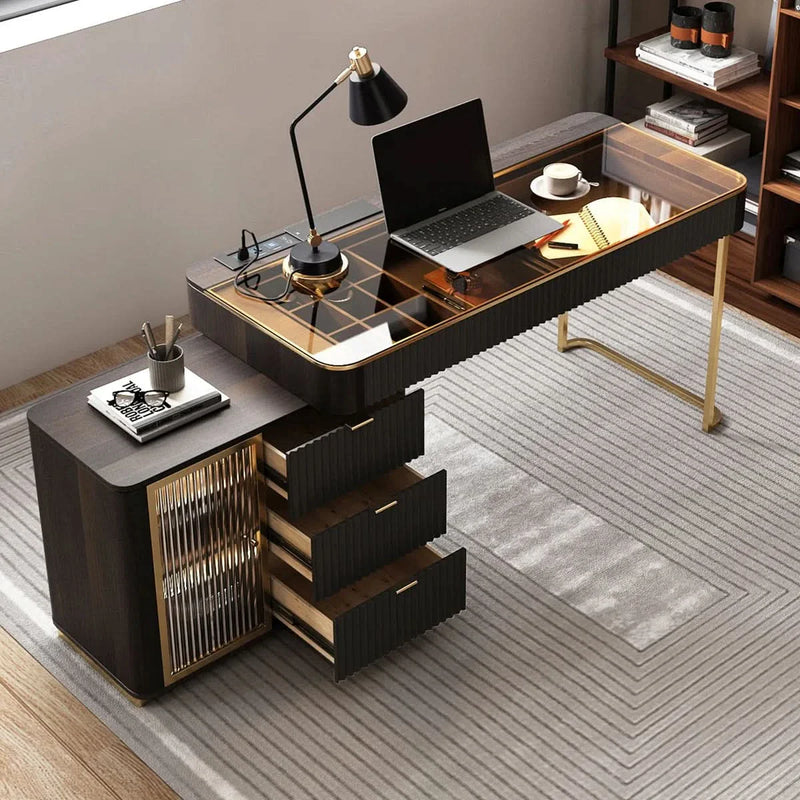 High-Quality L-Shaped Executive Swivel Computer Desk with Glass Top, Power Outlet, and Easy Assembly