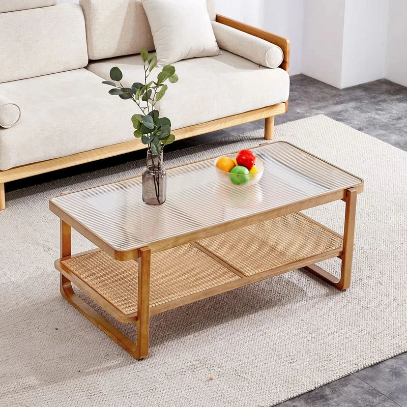 Glass Top Wood Frame Rattan Coffee Table with Shelf