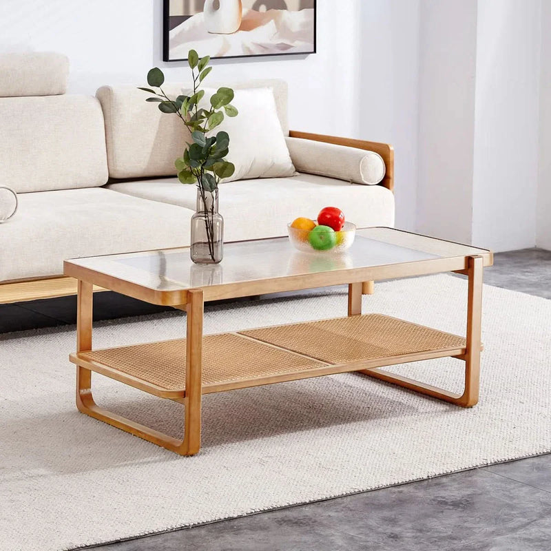 Glass Top Wood Frame Rattan Coffee Table with Shelf