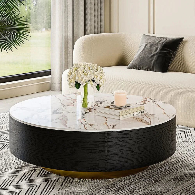 Modern Drum Coffee Table with Oak Veneer, Sintered Stone Coffee Table with 2 Solid Wood Drawers