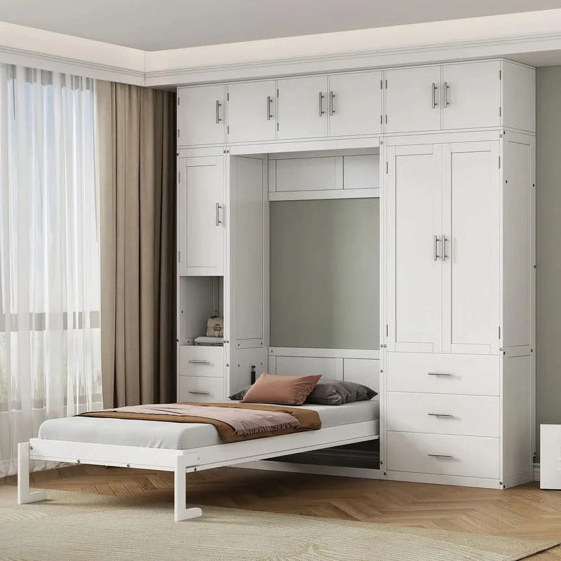 Kirooad Murphy Bed Cabinet White Foldable Hidden Wall Platform Storage Bed