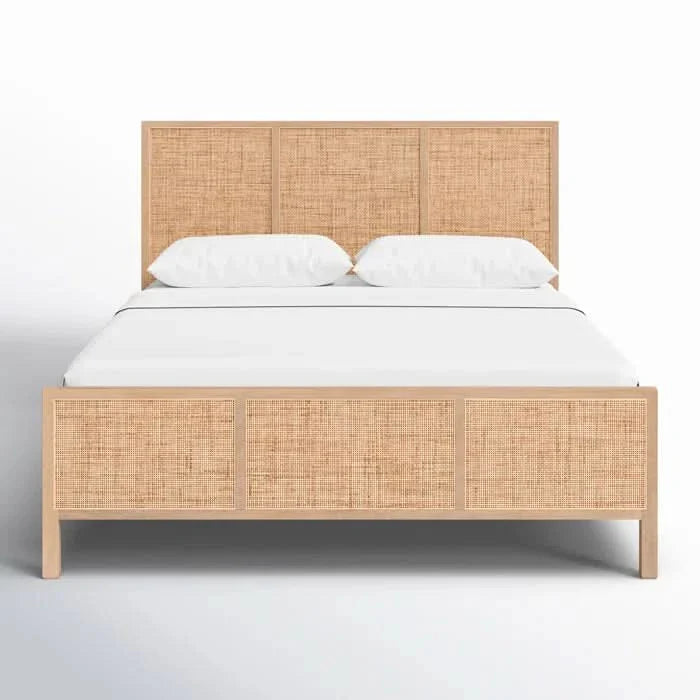 Solid Wood Cane Bed – Stylish Headboard with Woven Cane Design