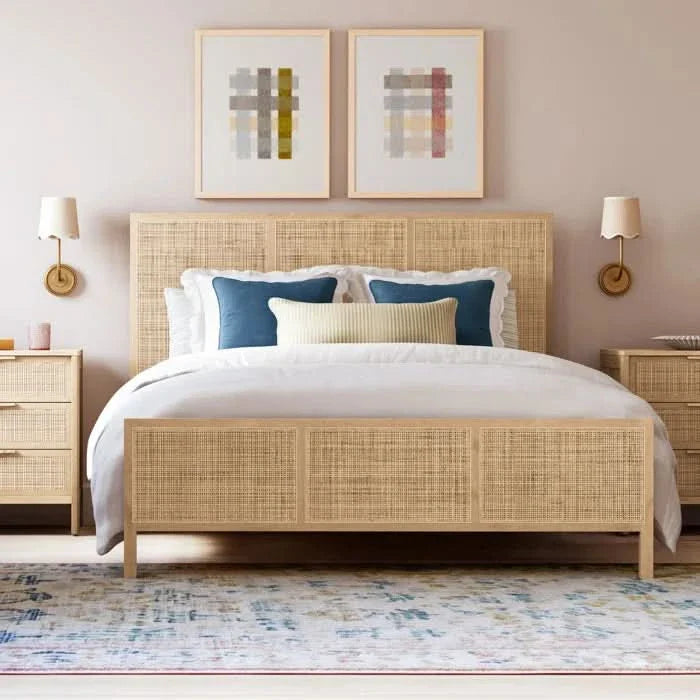 Solid Wood Cane Bed – Stylish Headboard with Woven Cane Design