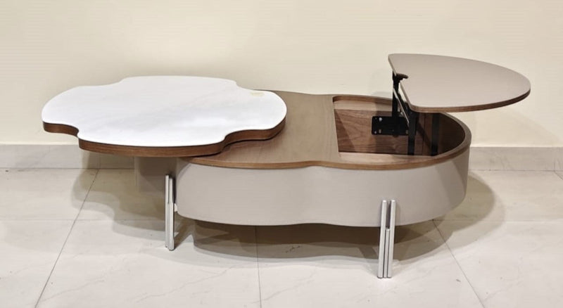 Modern Storage Coffee Table with Marble-Finish Top & Wooden Accents
