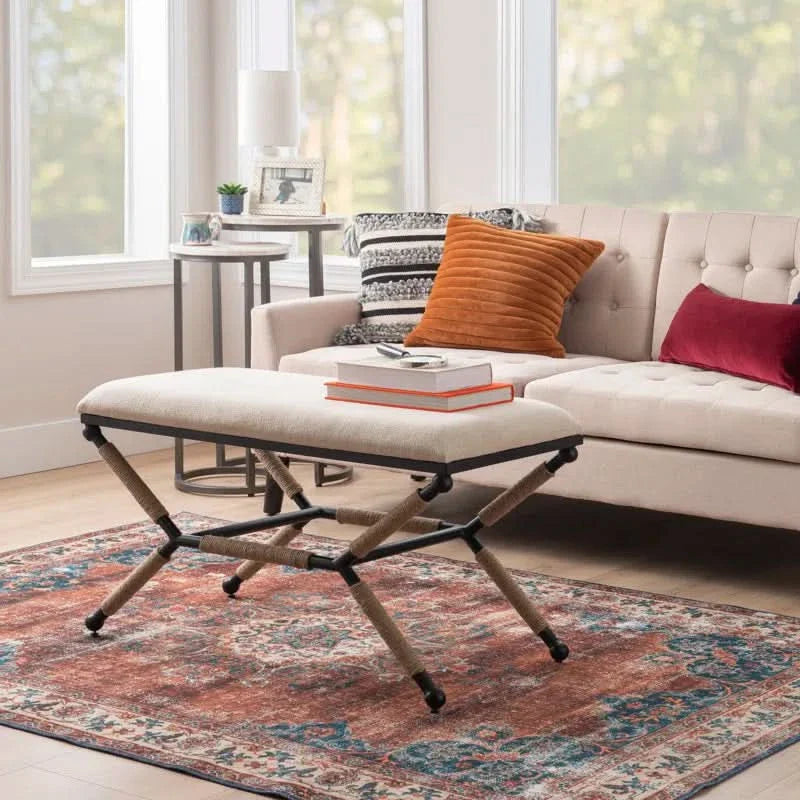 Vazeland Upholstered Backless Campaign Bench with Rope Detail