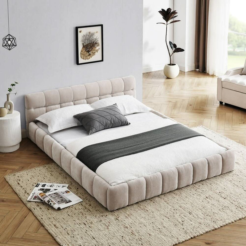 Queen Size Chenille Upholstered Platform Bed with Solid Frame & Headboard