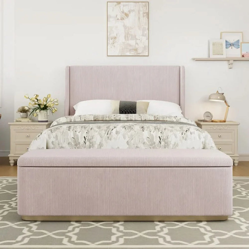 Queen Size Corduroy Upholstered Bed Frame with 130L Storage Ottoman, and Vertical Stripe Wingback Headboard and High Footboard