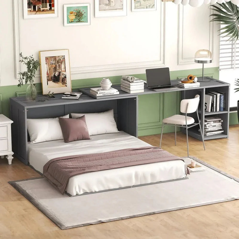 Queen Size Murphy Bed with Rotable Desk & 2 Storage Shelves, Space-Saving Design Solid Pine Wood Floor Bed Frame