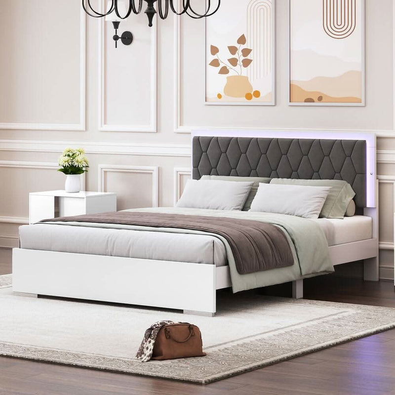 Queen Size Upholstered Bed with LED Lights and Velvet Headboard