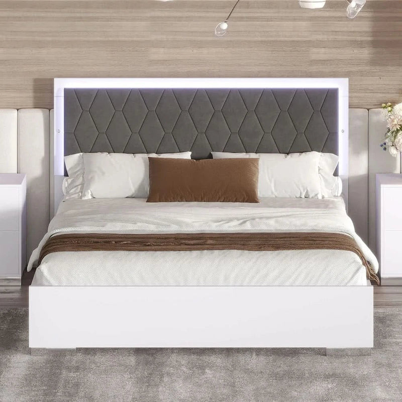 Queen Size Upholstered Bed with LED Lights and Velvet Headboard