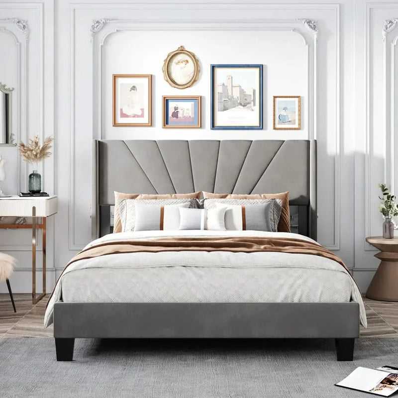Adorma Queen Size Velvet Upholstered Platform Bed Box Spring Needed