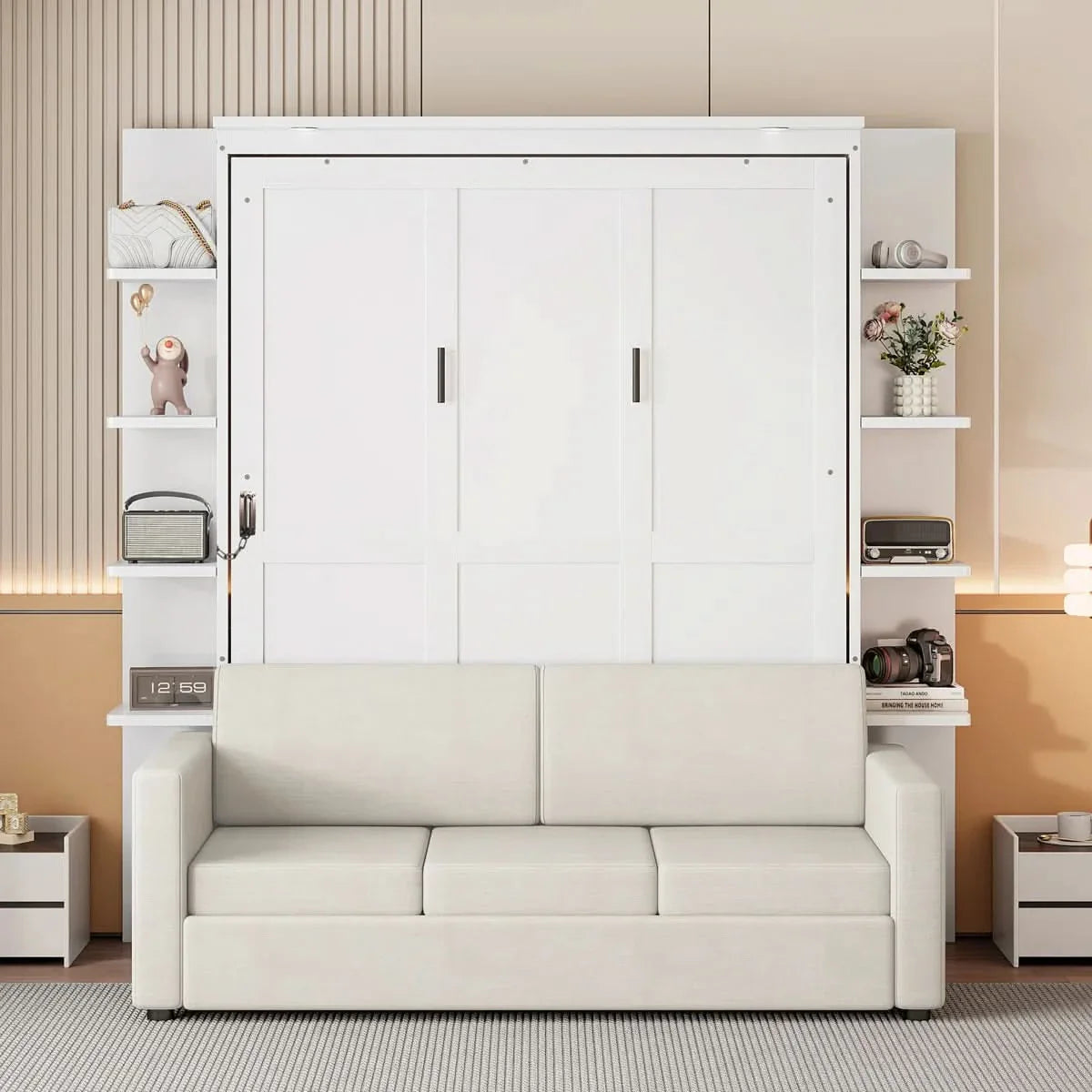 Linek Queen Size Murphy Bed Wall Bed with White Sofa - Craft Decor