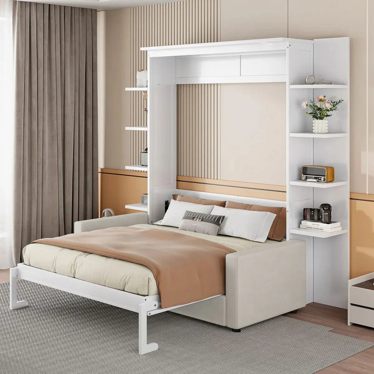 Linek Queen Size Murphy Bed Wall Bed with White Sofa - Craft Decor