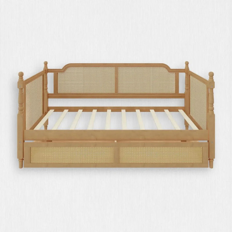 Curved Rattan Handcrafted Daybed, Large Storage Drawer with wheels