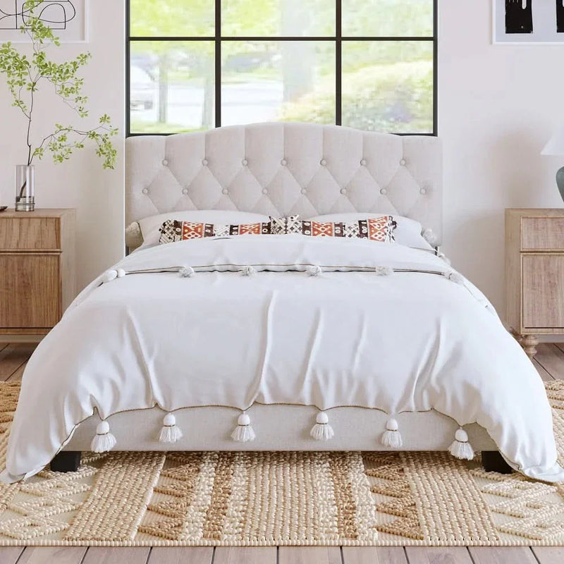 Nerrik Full/Queen/King Size Upholstered Platform Bed with Saddle Curved Headboard and Tufted diamonds