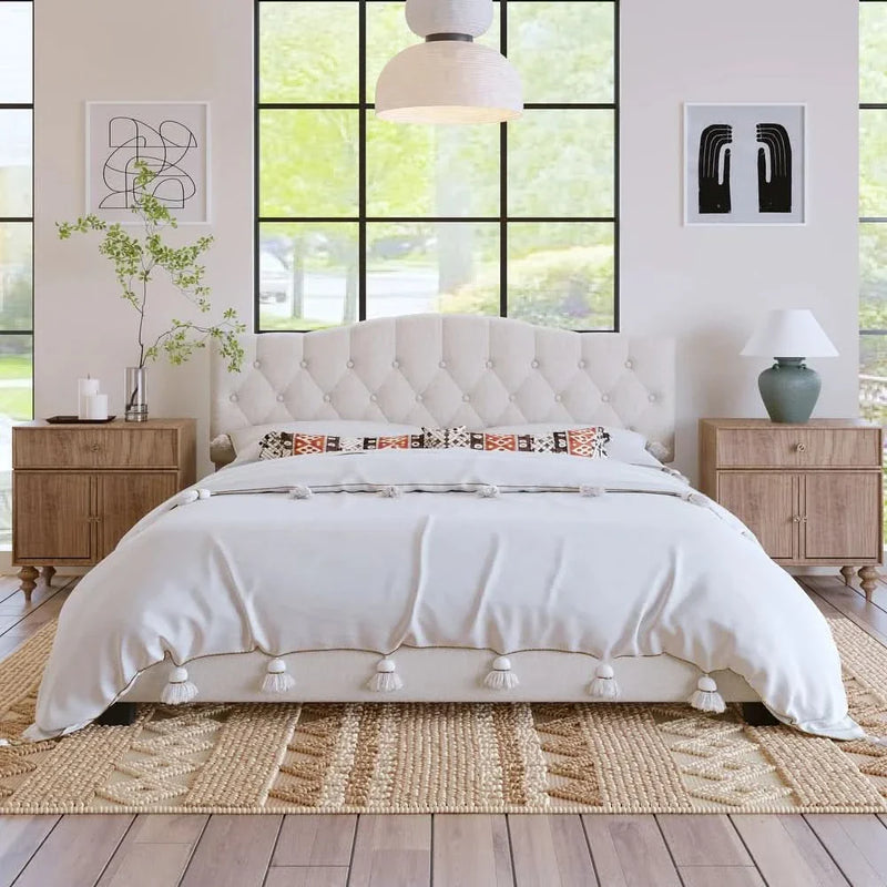 Nerrik Full/Queen/King Size Upholstered Platform Bed with Saddle Curved Headboard and Tufted diamonds