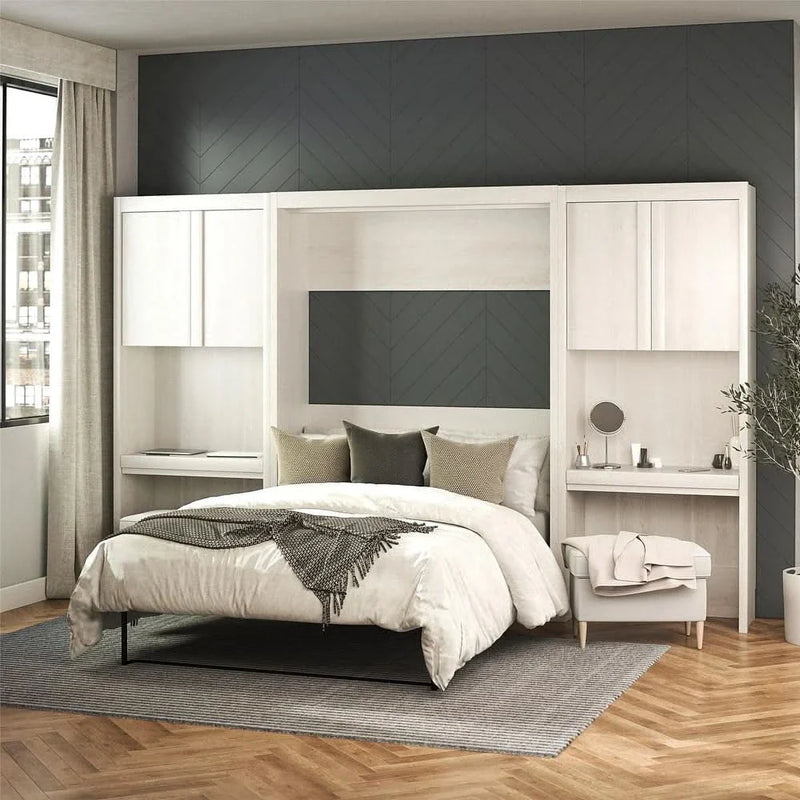 Signature Sleep Paramount Full Murphy Bed Bundle with 2 Vanity/Desk Storage Cabinets with Drawers, Ivory Oak