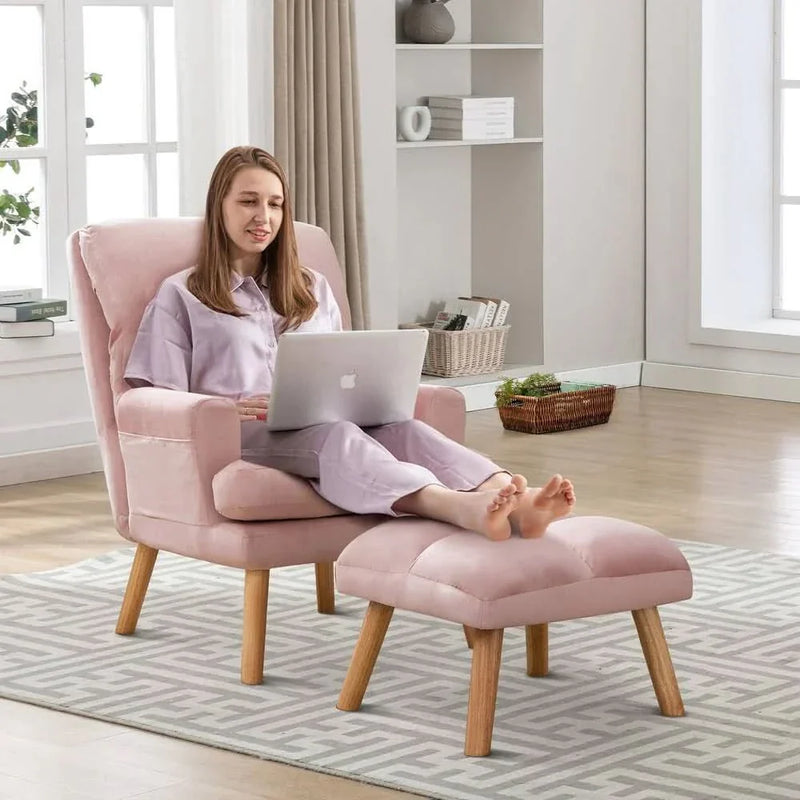 Soft Fabric Casual Living Room Armchair With Adjustable Backrest And Legs Stool