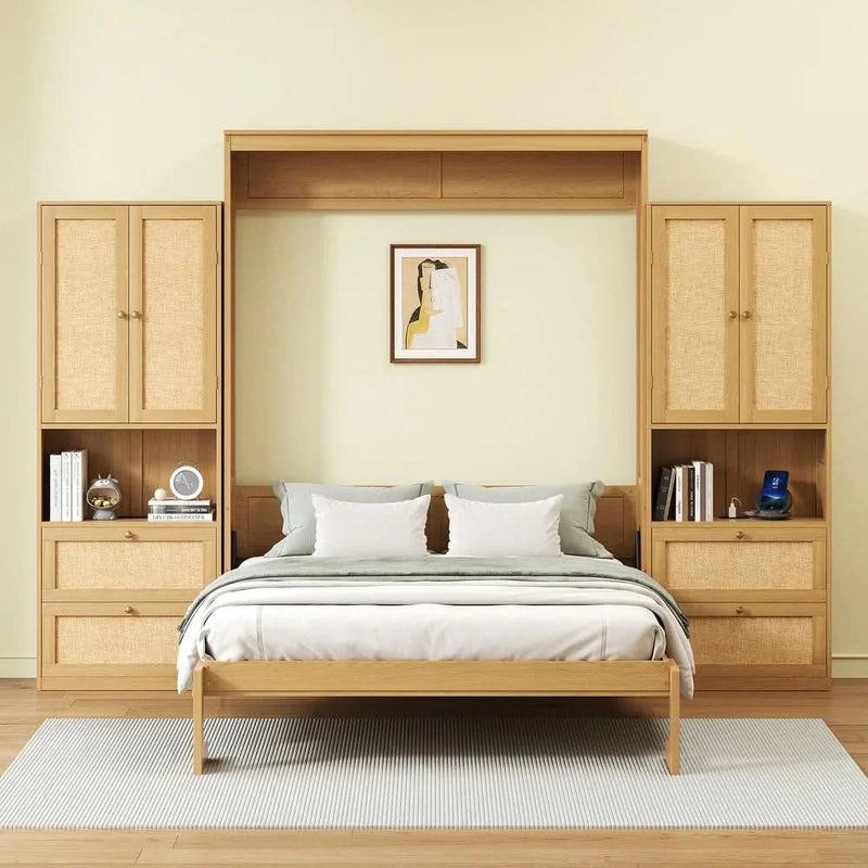 Rikki Solid Wood Murphy Bed with Cabinet Storage Shelves Folding Bed for Bedroom