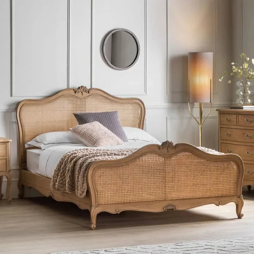 French Vintage Cane Bed with Handcrafted Solid Wood Frame Victorian Style King Size Bed for Classic Interiors
