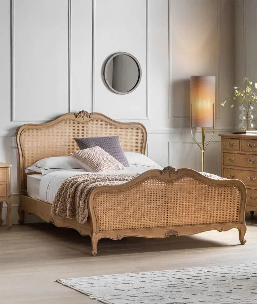 French Vintage Cane Bed with Handcrafted Solid Wood Frame Victorian Style King Size Bed for Classic Interiors