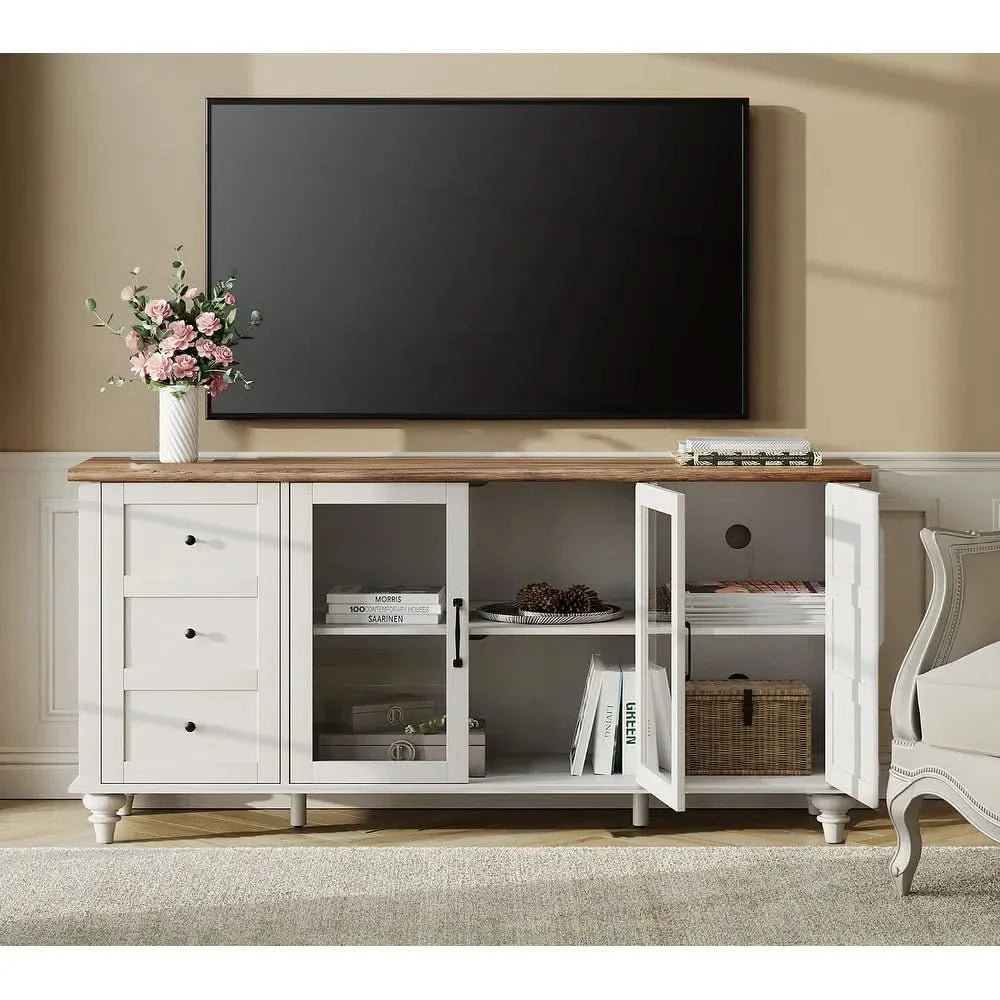 Razin Glass Door Farmhouse TV Stand for TVs Up to 75 inch, Wood Universal TV Console Table with 4 Storage Cabinets - White