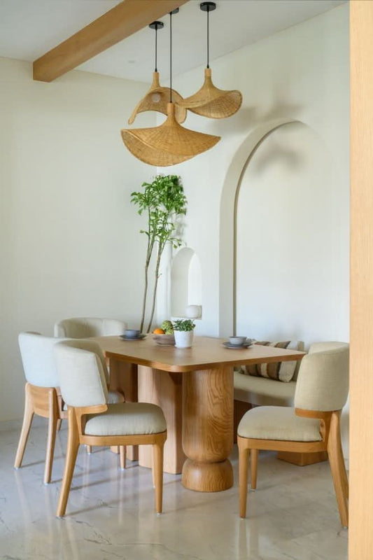 Modern Solid Wood Dining Set with Curved Upholstered Chairs & Sculptural Base – 6-Seater