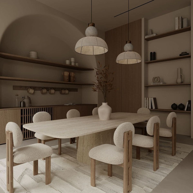 Hax Contemporary 8 Seater Dining Set with Bouclé Chairs & Natural Stone-Top finish Table