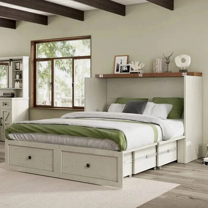 Farmhouse Murphy Bed, Large Storage Drawer & Charging Station