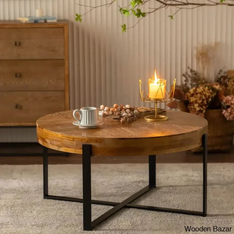 Abbiss Floor Shelf Coffee Table Round Wood With Cross Metal Base and center table