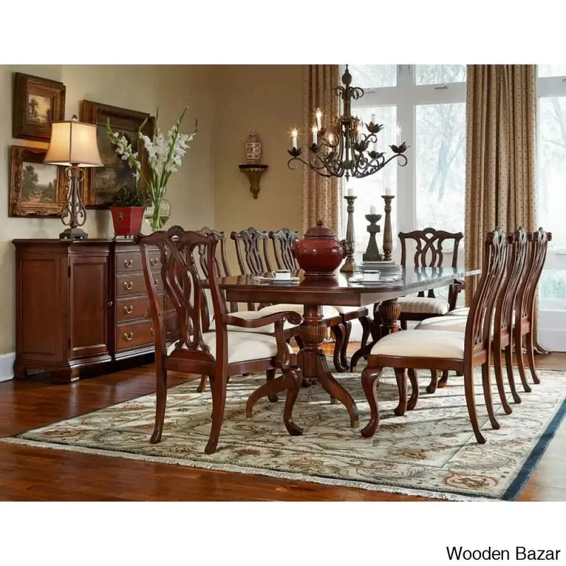 Aparna Nine Piece dining Table set With Extendable Solid Wood Top Double Pedestal