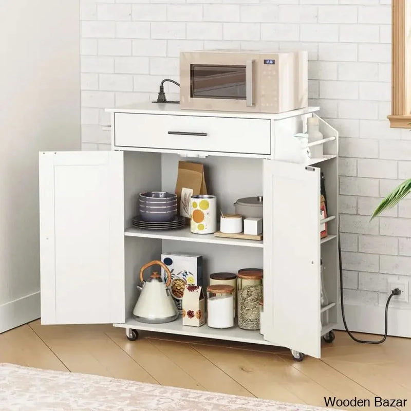 Aquisha 33.8" Rolling Kitchen Island with Power Outlet Kitchen trolley cart cabinet kitchen island with storage