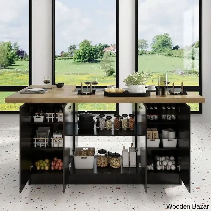 Arvene 77.3'' Kitchen Island with Manufactured Wood Top Kitchen trolley cart cabinet kitchen island with storage