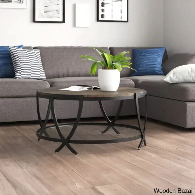 Aumilleri 34" Round Coffee Table with Open Storage and Cross Metal Legs coffee and center table