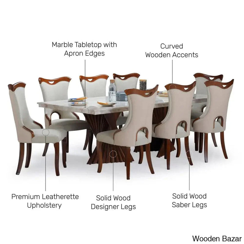 Avoka 8 Seater Dining Table Set in Teak Wood with Premium Marble Finish Top