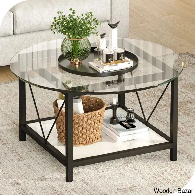 Ayub Modern Round Glass Coffee and center Table with Metal Frame