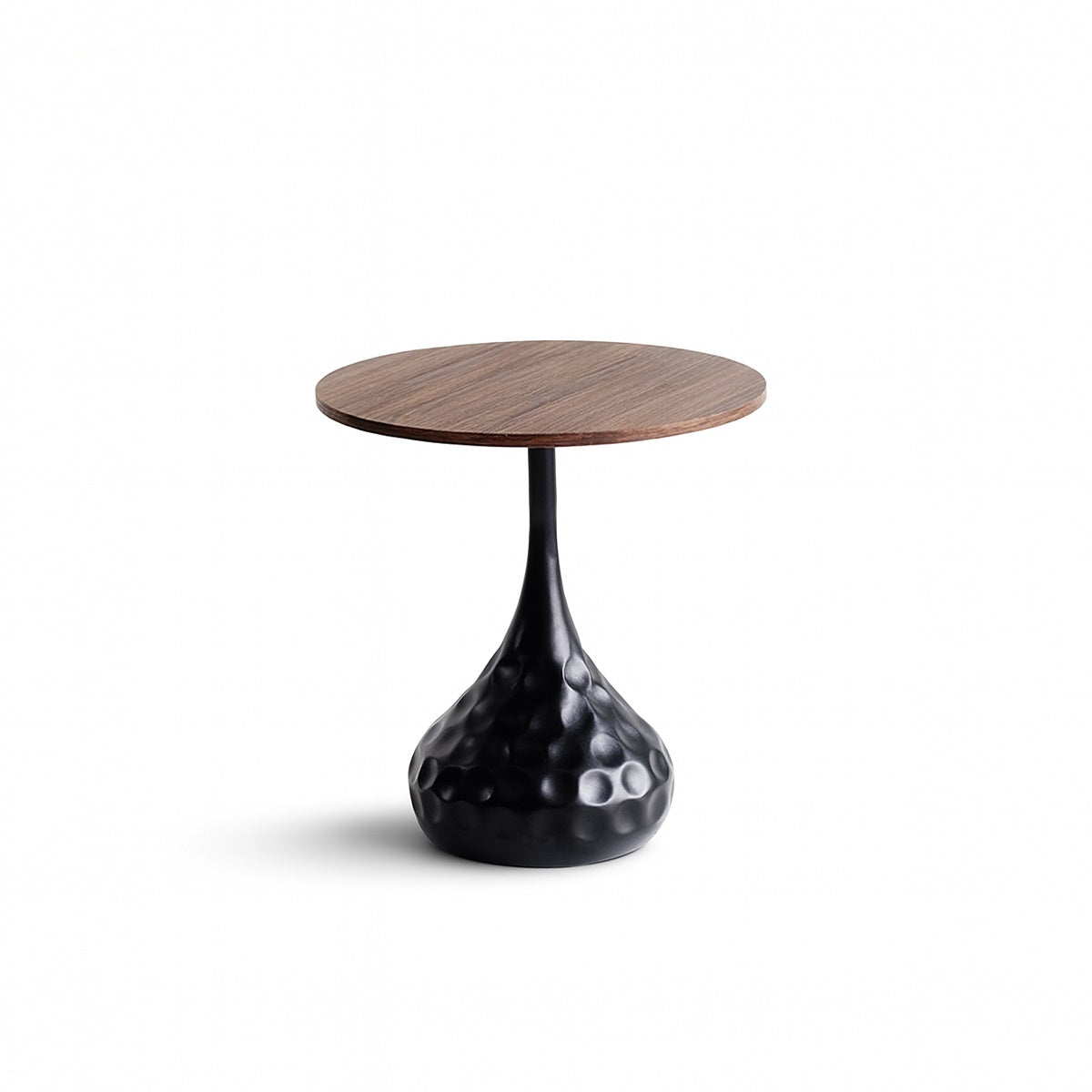 Modern Round Side Table with Wooden Top & Sculpted Black Pedestal Base