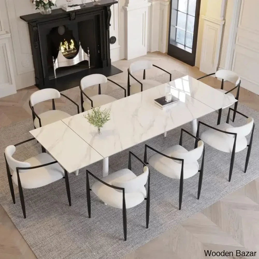 Barric Sintered Stone Table With 8 Luxurious Fabric Chairs - Craft Decor Snowy Mountain