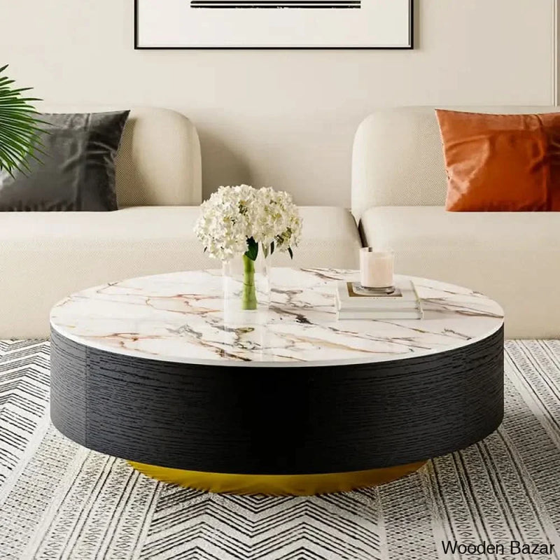 Bede Drum Coffee Table, Sintered Stone Top, 2 Solid Wood Drawers