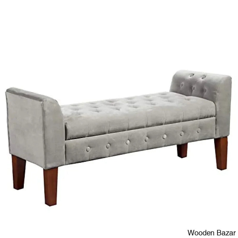 Benjara Velvet Upholstered Button Tufted Wooden Bench Settee with Hinged Storage, Gray and Brown