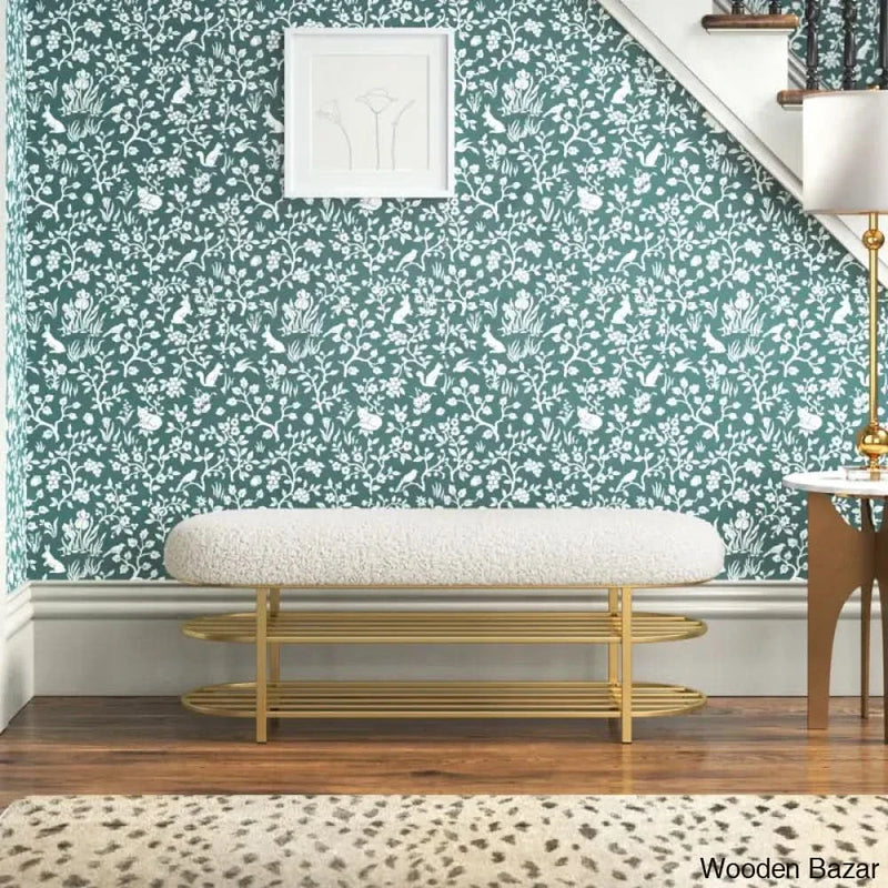 Boucle Upholstered Shoe Storage Bench in gold