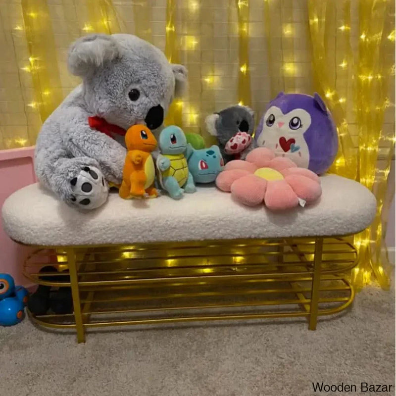 Boucle Upholstered Shoe Storage Bench in gold