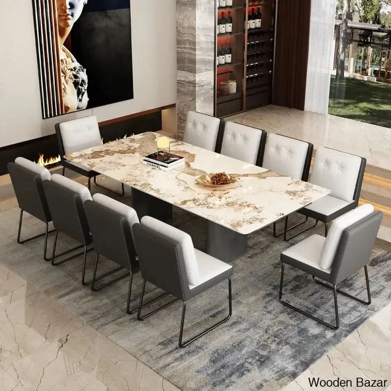 Bramwell 10 Seater Extendable Marble Top Dining Set with Double Pedestal Base