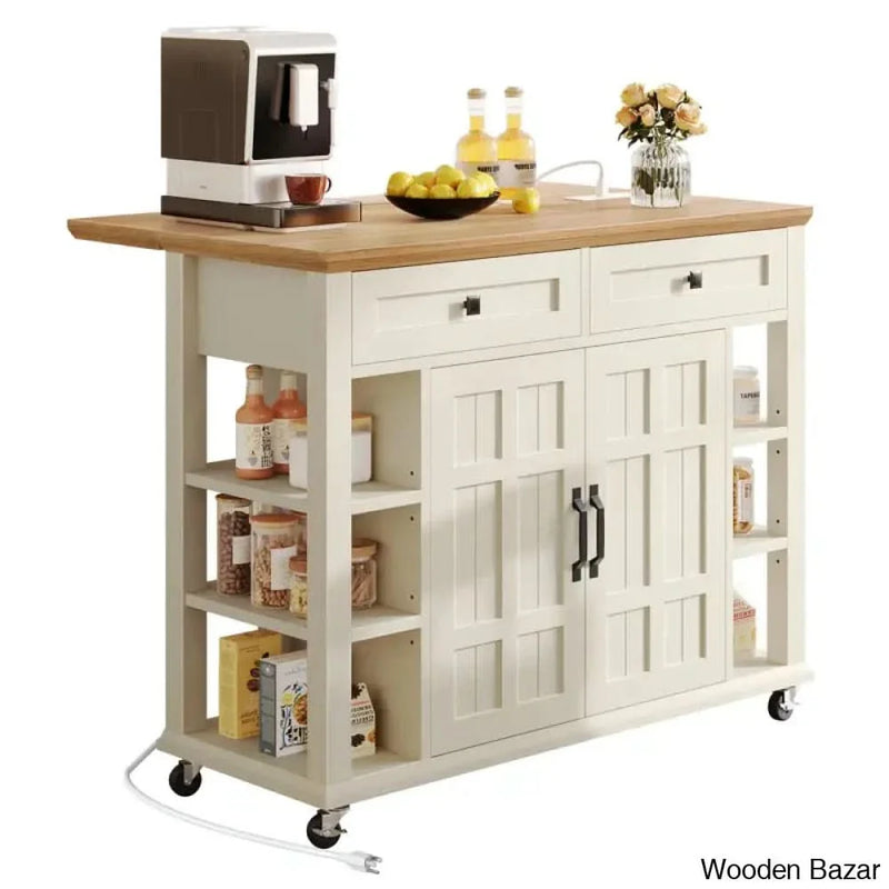 Brianny Rolling Kitchen Cart Island with Foldable Tabletop 2 Drawers and Power Outlet Kitchen trolley cart cabinet kitchen island with storage