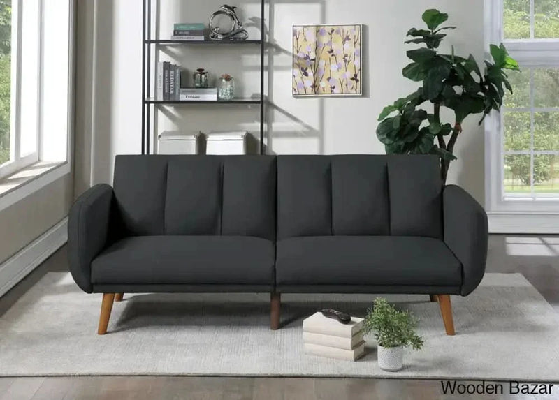 Charlotte Elegant Black Polyfiber Convertible Sofa Bed with Wooden Legs