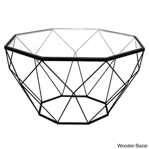 Chendan Octagon Glass Top Coffee And Center Table With Geometric Base Black