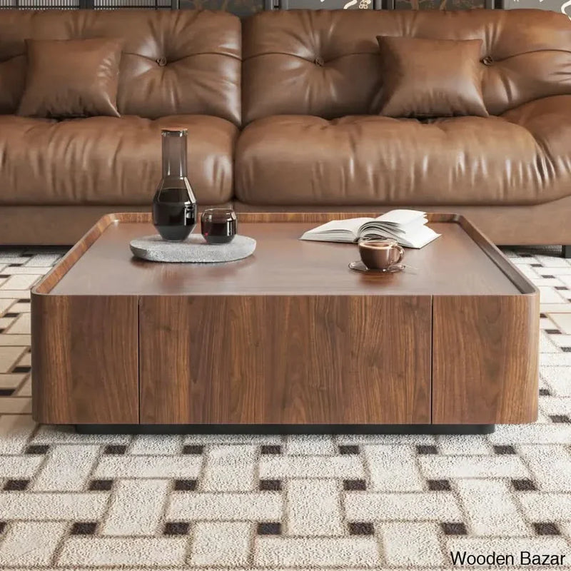 Collier Walnut Square Coffee Table with Storage Drawers for Living Room and Home Office center table